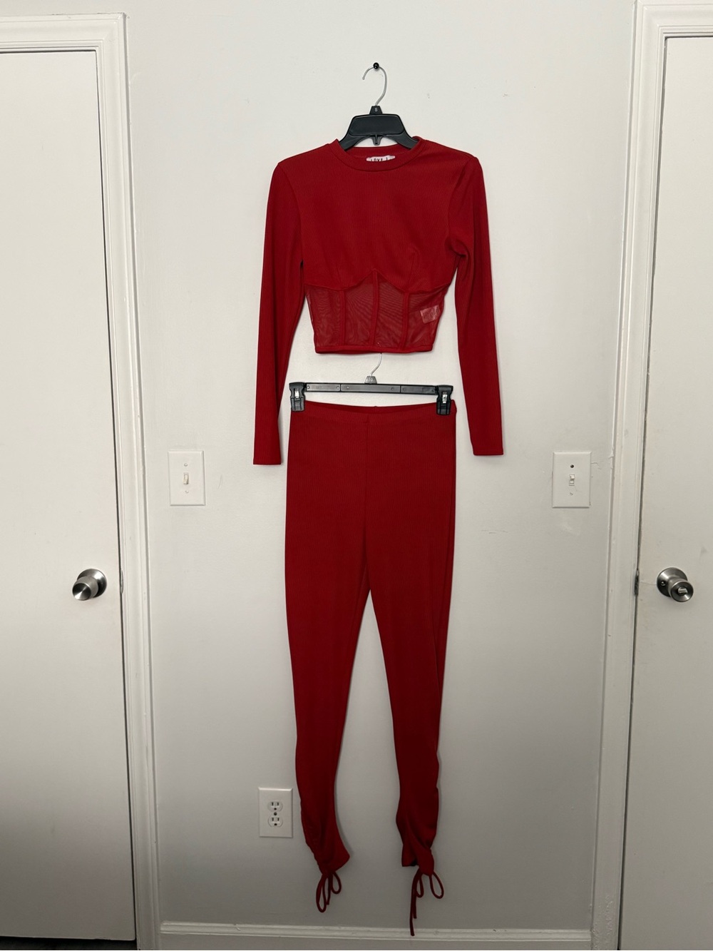 love J Red Long-Sleeve Corset Crop Top & High-Waist Track Pants Set